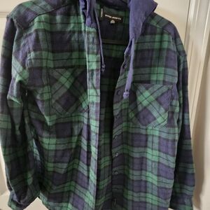Silver Jeans Co. Green & Navy Plaid Hooded Flannel - Boyfriend Fit - Size M